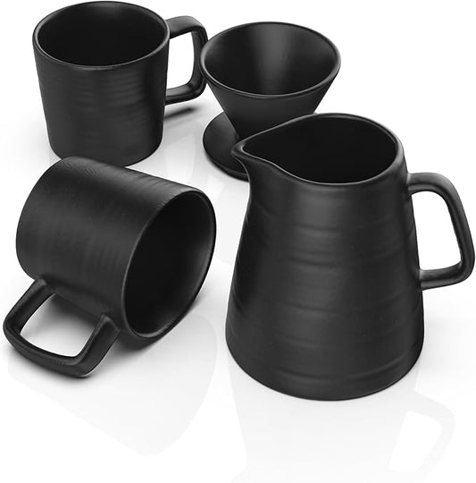 Francois et Mimi Pour Over Drip Coffee Maker Gift Set with Two Coffee Mugs, Non-Electric Pour Over Coffee Dripper, Easy Manual Brew Maker, Dishwasher and Microwave Safe, Filters not included (Black)