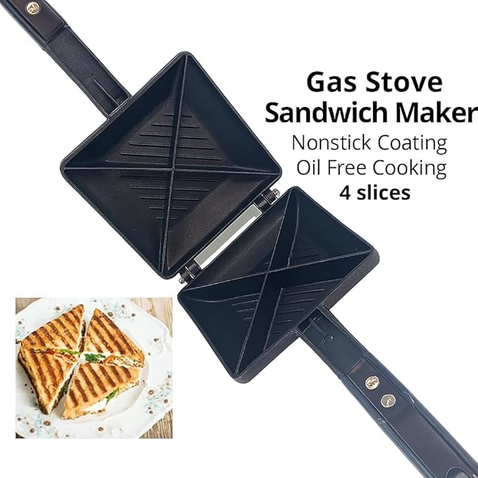 Sandwich Maker Gas Stove Top Non-Stick Four Slice Toaster Panini Maker Aluminum Plates Hot Sandwich Maker 4 Cut Flip Pan Frying Pan