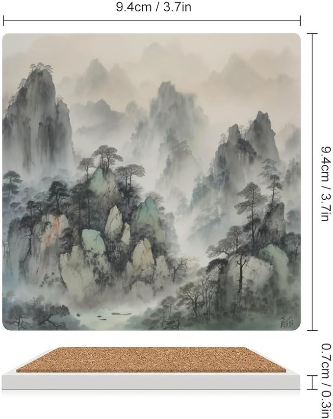 6PCS Forest Ceramic Coasters, Square Absorbent Drink Coasters, Watercolor Japan China Style Nature Mountain Woodland Green Forest Ceramic Table Coasters for Coffee, Beverage, Wine, Beer Coasters