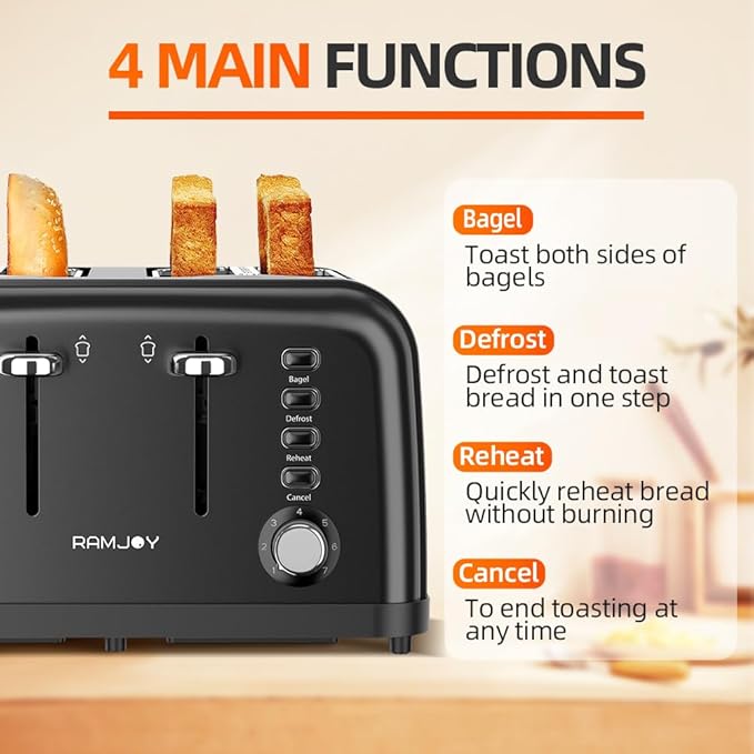 RAMJOY Black Toaster 4 Slice, Dual Independent Controls, Extra Wide Slot Toasters for Bagel, Bread, Waffles, 7 Shade Settings, 4 Main Functions, Removable Crumb Tray, 1500 Watts, Black Stainless Steel