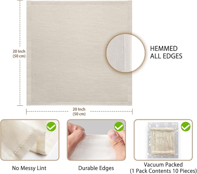 Olicity Cheesecloth Bulk, 10PCS, Grade 100, 20x20Inch Hemmed Cheese Cloths Fabric Reusable Fine Mesh Cloth,100% Cotton Unbleached Precut Muslin Bulk Cheesecloth Roll for Straining, Cooking, Yogurt