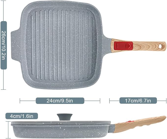 RANX INGST Nonstick Ceramic Griddle Pan with Lid, 10 Inch Steak Pan with Detachable Handle Induction Compatible, PFOA Free - Blue