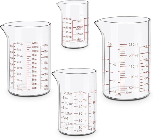 Measuring Cup Set 30ml L(1oz), 60ml (2oz), 120ml (4oz), 250ml (8oz), 4 Piece Glass Liquid Measuring Beakers, High Borosilicate Glass Measuring Cup, V-Shaped Spout