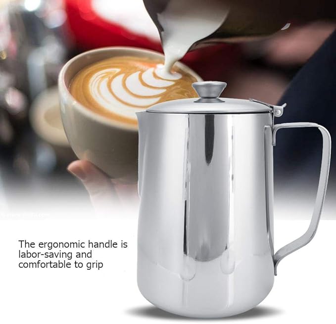 DEWIN Milk Frothing Pitcher, 20oz/600ml Stainless Steel Steaming Pitcher Barista Milk Frother Cup Jug for Espresso Machine Coffee Cappuccino Latte Art - Silver