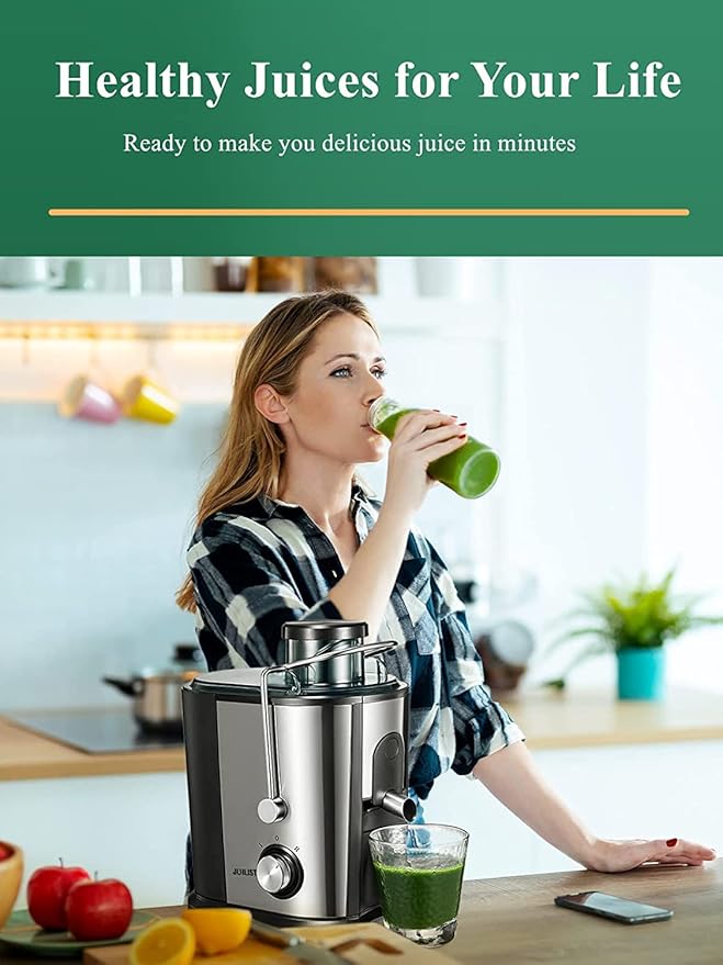 Juilist Juicer Machines with Anti-drip & Anti-slip Function, Centrifugal Juicer Whole Fruit and Vegetable with 3-inch Wide Food Chute, 2 Speeds, Recipe Included, Easy to Clean