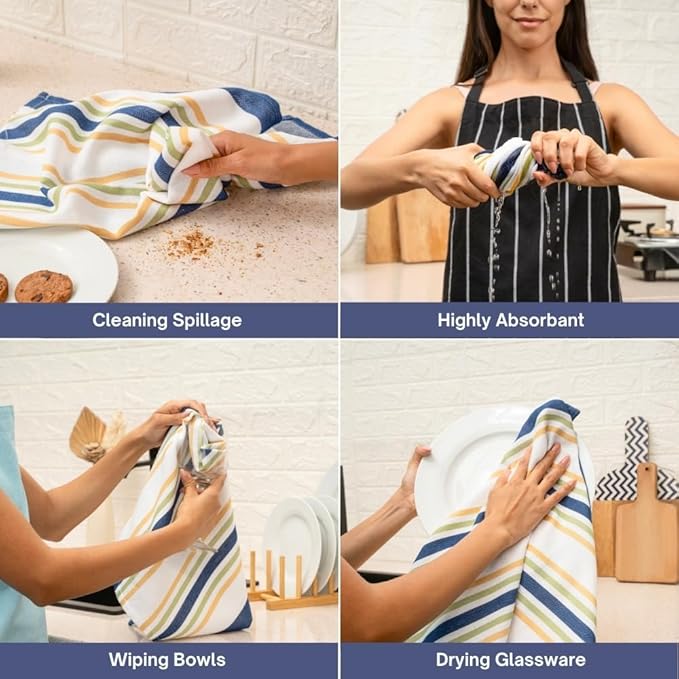 Kitchen Towel Set of 6, 100% Cotton Quick-Drying Absorbent Dish Towels & Tea Cloths, 20x30 Inch, Decorative Farmhouse Towels for Kitchen, Navy Blue Stripes
