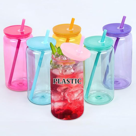 16 Oz Acrylic Plastic Can Tumbler, 6 Pack Colorful Plastic Cup Beer Can, Plastic Mason Jar with Colorful Lid