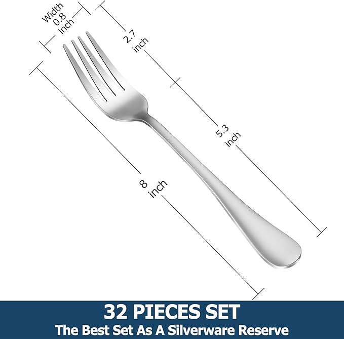 32 Piece Dinner Forks Set, Food-Grade Stainless Steel Silverware Forks, Cutlery Fork, Metal Fork for Home, Kitchen or Restaurant, Mirror Polished, Dishwasher Safe - 8 Inch