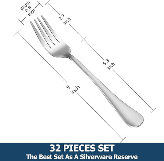 32 Piece Dinner Forks Set, Food-Grade Stainless Steel Silverware Forks, Cutlery Fork, Metal Fork for Home, Kitchen or Restaurant, Mirror Polished, Dishwasher Safe - 8 Inch