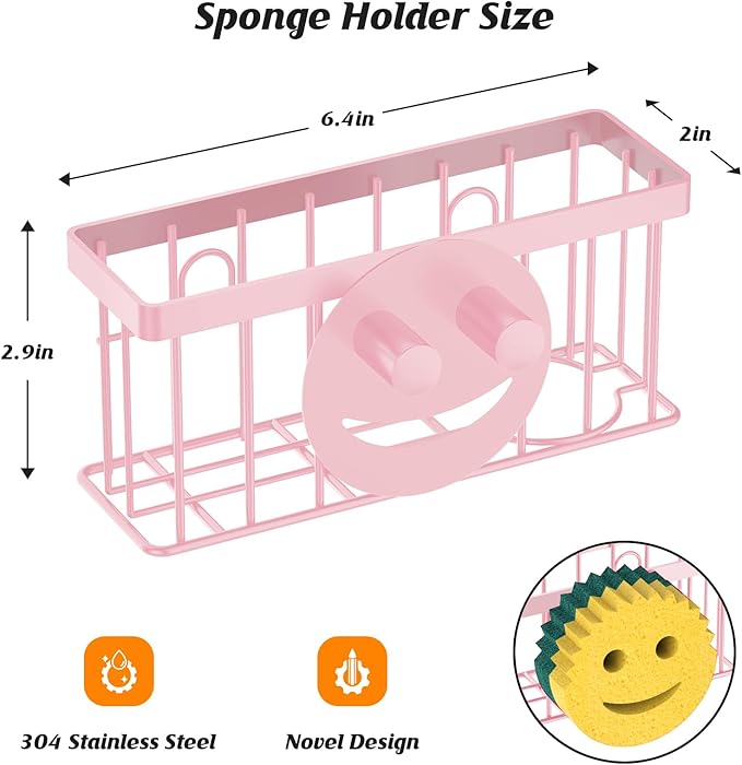Sponge Holder Smiley Face, Sink Organizer with 2 Suction Cups/1 Adhesive Strips,Designed for Sponge,Soap,Dish Brush,Scrubber - Pink