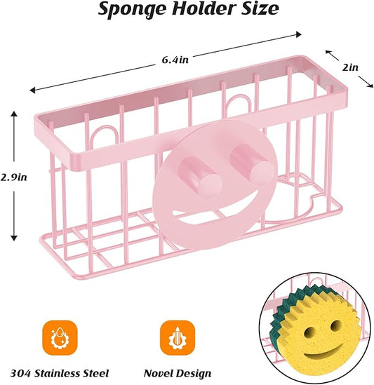 Sponge Holder Smiley Face, Sink Organizer with 2 Suction Cups/1 Adhesive Strips,Designed for Sponge,Soap,Dish Brush,Scrubber - Pink