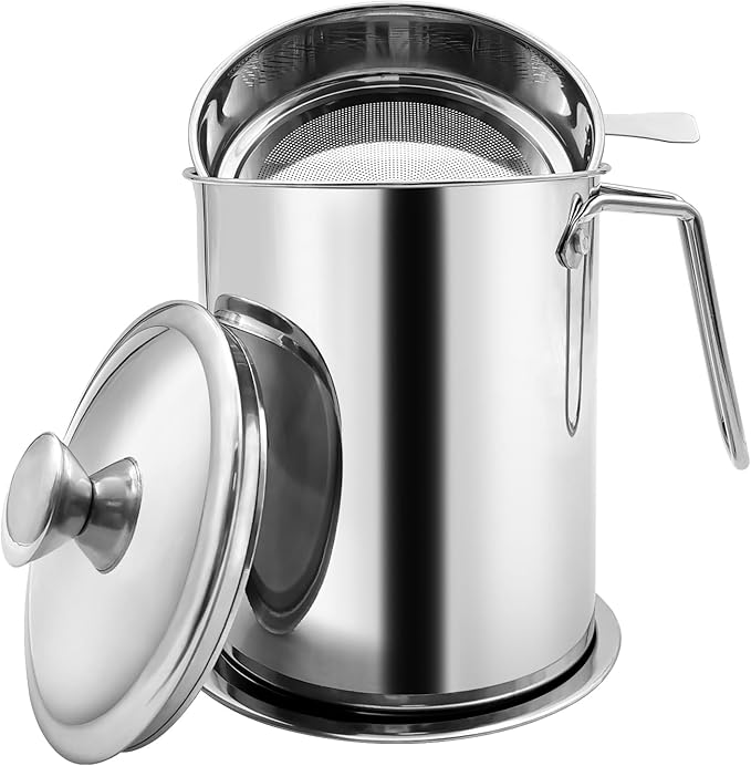 Bacon Grease Container With Strainer, 2.1L Grease Strainer and Container with Dust-Proof Lid, 304 Stainless Steel Oil Filter Storage with Fine Mesh 2.1L
