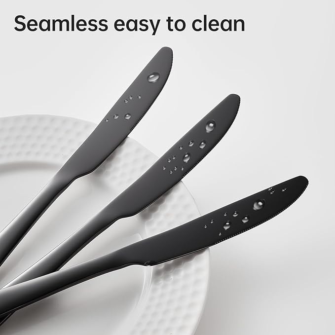 Dinner knives Food-Grade Stainless Steel butter knives set of 6 black knife 9Inch seamless easy to clean Dishwasher Safe (Black)