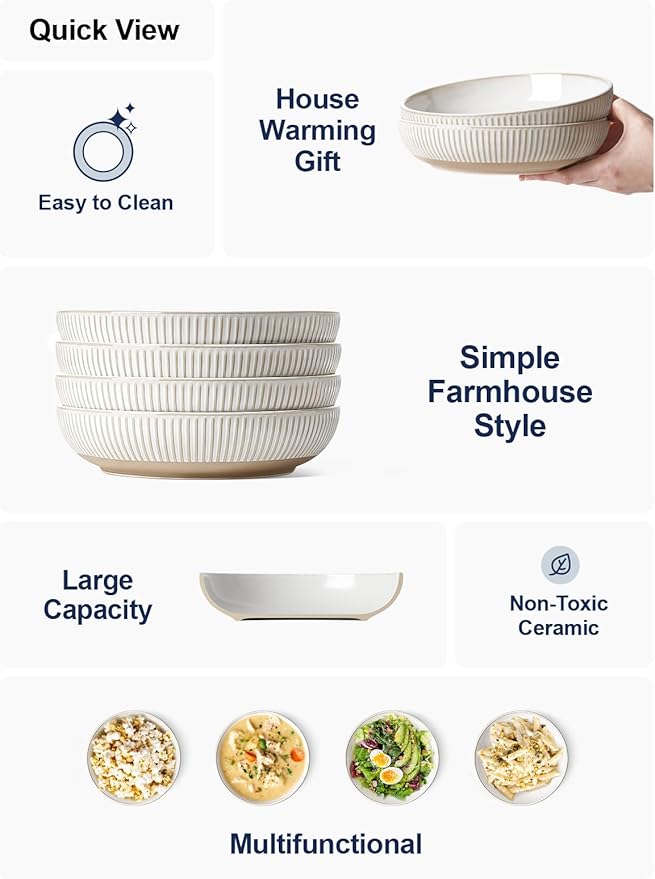 LE TAUCI Pasta Bowls 46oz, Large Salad Bowl, Ceramic Embossment Stoneware Serving Plate for Fruits, Noodle, Dinner, House-warming Wedding Present - 9 Inch, Set of 4, Arctic White