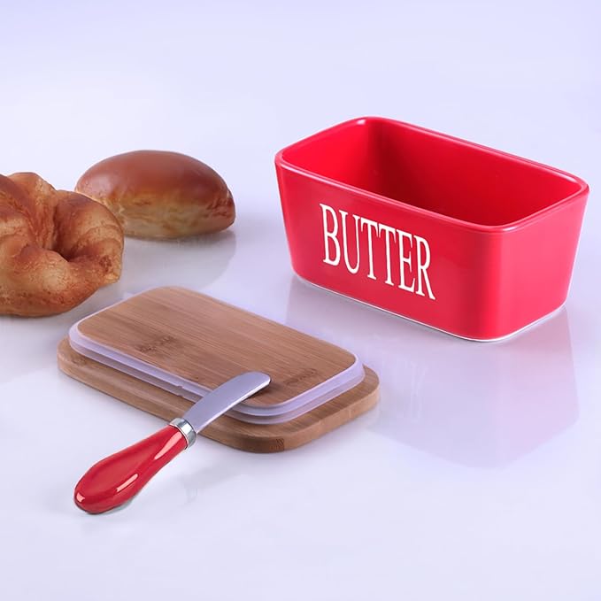 Ceramic Butter Dish with Wooden Lid, Large Butters Container Keeper Storage with Stainless Steel Knife Spreader, Bamboo Cover and Silicone Sealing Ring for West East Coast, Red