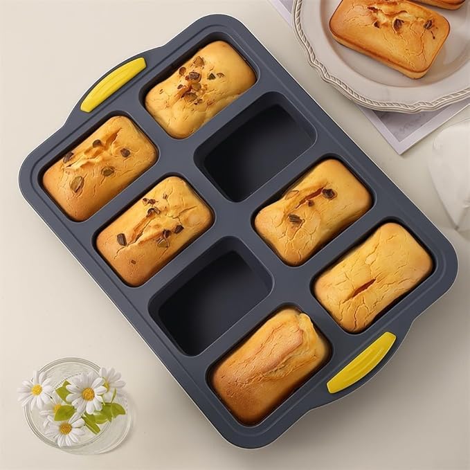 Stainless Steel Frame Silicone Loaf Pan with 8 Cavities, Non-Stick Baking Tray for Bread, Brownies, Muffins and Cheesecake
