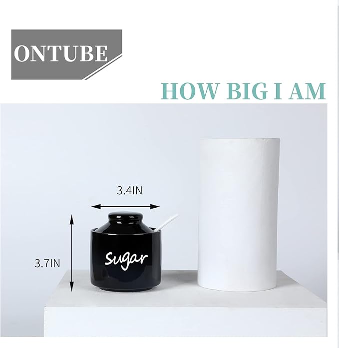 ONTUBE Ceramic Sugar Bowl with Lid and Spoon,Porcelain Sugar Pot,8oz (Black)