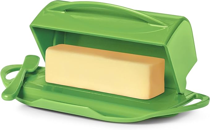 Butterie Flip-Top Butter Dish with Lid & Matching Knife, Holds 2 Sticks/European Butter, No-Mess Butter Holder, Shatterproof, Dishwasher Safe, Green