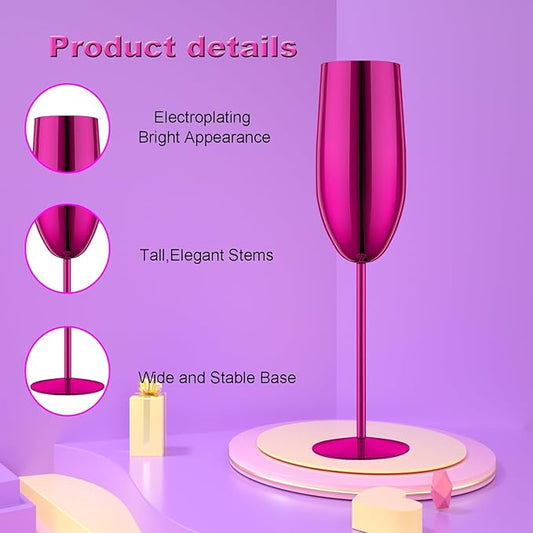Stainless Steel Champagne Flutes Set of 4-Wedding &Birthday Gifts,8.5 Oz Unbreakable Champagne Glass with Long Stem,Reusable Indoor Outdoor Drinkware (Purple)