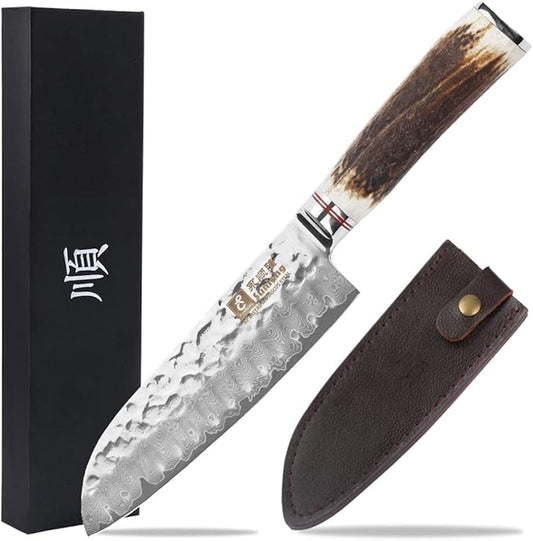 SUNLONG Damascus Santoku Knife 7 Inch Professional Chef Knife - Japanese 67 Layers High Carbon Damascus Steel - Ergonomic Antler Handle