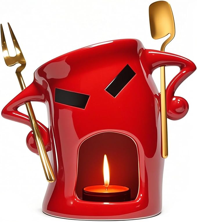 Chocolate Fondue Mug with Attitude - Ceramic Melting Cup with Fork, Candle Warmer - Perfect for Date Night, Dessert, Family Fun (Red)