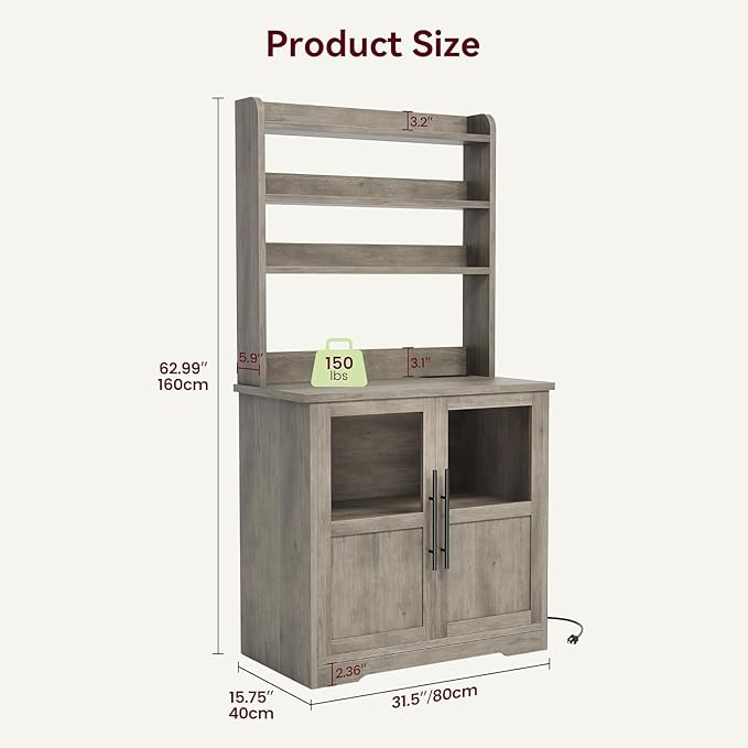 GAOMON Farmhouse Bakers Rack with Storage Cabinet and Power Outlets, Kitchen Pantry Organizer Hutch with Thickened Countertop, Microwave Stand with USB Ports, Multi-Shelf Storage, Gray