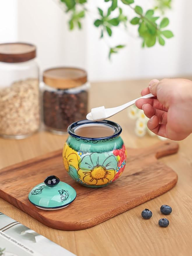 silesia Handmade Sugar Bowl with Lid and Spoon, 8 oz Hand-Painted Ceramic Sugar Jar, Floral Design Seasoning Container for sugar, honey, or spices, Dishwasher Safe (Flowers Green)