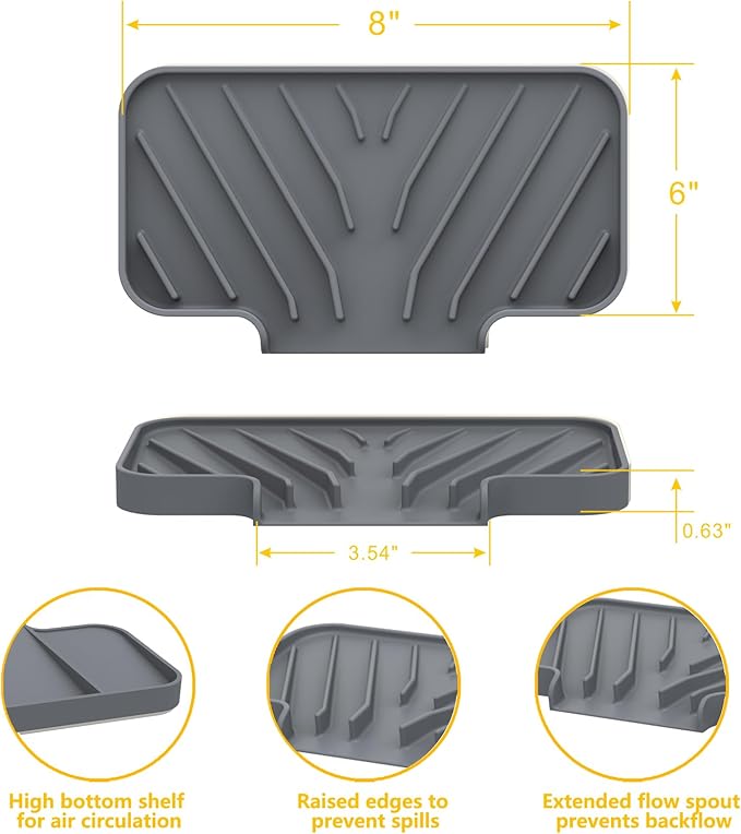 Sponge Holder for Kitchen Sink, 6"×4" High Slope Soap Tray, Silicone Sponge Holder with Drain, Dish Soap Mat for Shower Bathroom, Perfect for Bottle,Cup on Sink or Counter (Gray, 6×4)