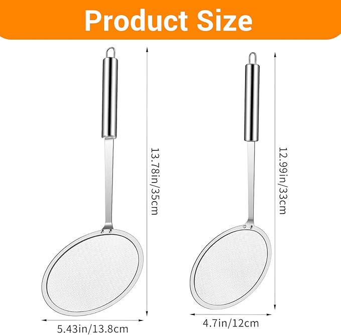 2 Pcs Stainless Steel Strainers Fine Mesh Colander with Handle 2025 Upgrade Extra Fine Mesh Strainers for Cooking Skimmer Spoon Filte Grease Foam Oil Filter Food Strainer Kitchen Gadgets (Small+Large)