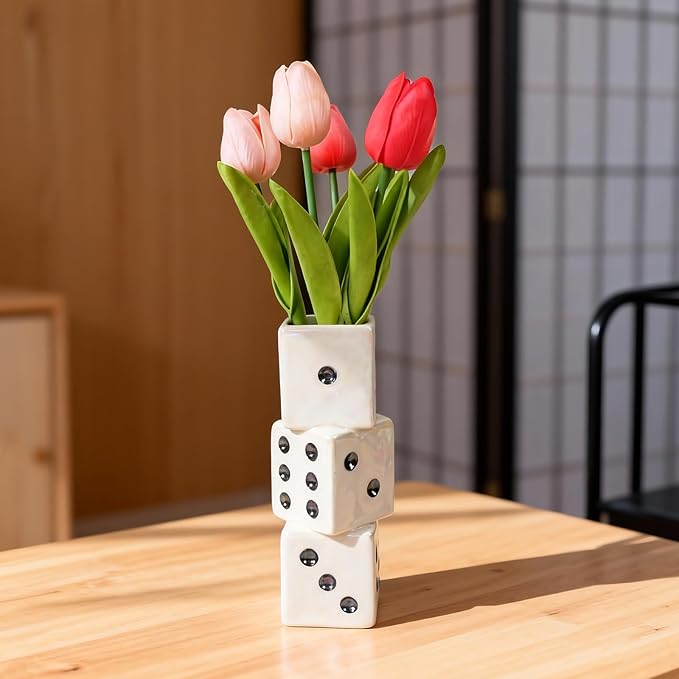 Modern Ceramic Dice Vase - Small Unique Decorative Vase for Dried Flowers, Roses and Pampas Grass | Ideal Centerpiece for Living Room, Coffee Table - Single Stem Bud Vase Gift for Home Decor