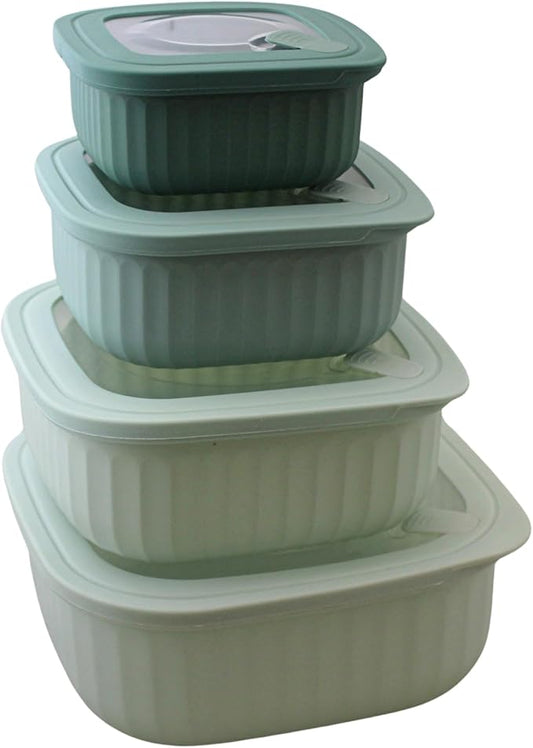 Set of 4 BPA-Free Square Food Storage Containers Vented Lids Assorted Sizes, Microwave & Freezer Safe Nesting Design for Leftovers Meal Prep Fridge Organization Dry Grains (Green)