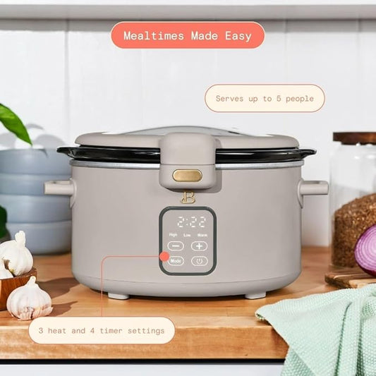Beautiful by Drew 4.0-Quart Programmable Slow Cooker with Hinged Lid, Digital Timer, Keep Warm Function, Removable Stoneware Pot, Stainless-Steel Accents (Porcine Taupe)