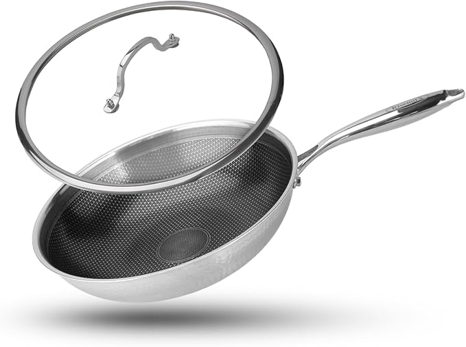 RisenutX Hybrid Wok, 12 inch Wok with lid,Stainless Steel woks & Stir-fry pans Non Stick, PFOA Free Cookware, Dishwasher and Oven Safe, Compatible With Induction