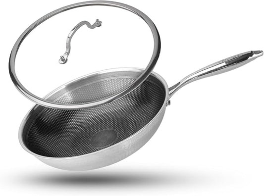 RisenutX Hybrid Wok, 13 inch Wok with lid,Stainless Steel woks & Stir-fry pans Non Stick, PFOA Free Cookware, Dishwasher and Oven Safe, Compatible With Induction