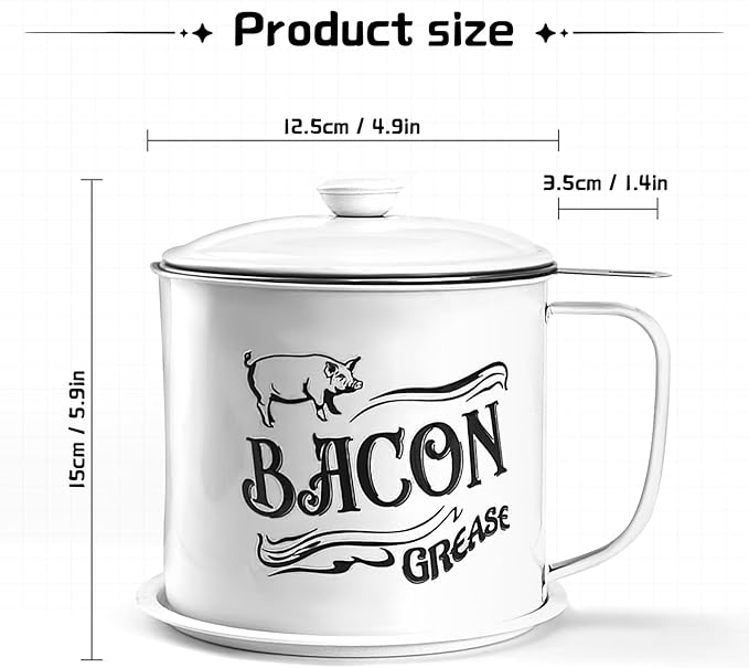 1.3L Bacon Grease Saver Container with Fine Mesh Strainer,Stainless Steel Oil Keeper Can for Bacon,46oz Large Rustic Farmhouse Fat Container, Keeper, Recipes, Dishwasher Safe (White)