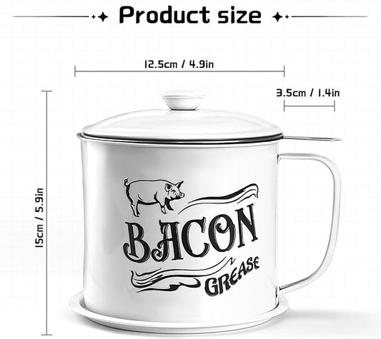 1.3L Bacon Grease Saver Container with Fine Mesh Strainer,Stainless Steel Oil Keeper Can for Bacon,46oz Large Rustic Farmhouse Fat Container, Keeper, Recipes, Dishwasher Safe (White)