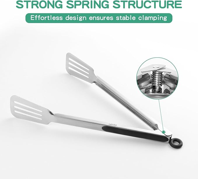Lebabo Metal Tongs for Cooking, Set of 2 Stainless Steel Spatula Tongs for Grilling, Cooking and Flipping, Strong Grip for Ribs, Steak and Fish, Comfortable Grip, Easy Pull Lock, 9 inch & 12 inch