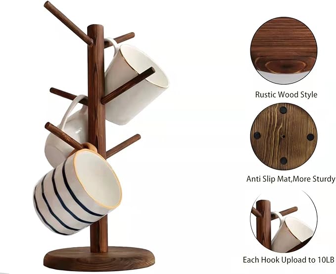 Dorhors Mug Holder Tree,Coffee Cup Holder with 6 Hooks, Wood Mug Rack for Counter,Coffee Bar Accessories and Orgnizer Station(Brown)