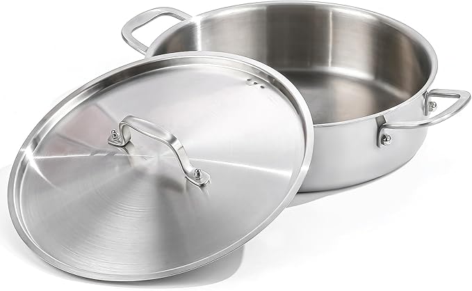 DELARLO 8QT Saute Pan Jumbo Cooker Tri-Ply Stainless Steel Pan, 13Inch Deep Frying Pan with Steel cover, Kitchen Large Skillet,Heavy Duty Style Compatible With All Cooktops Up to 650℉