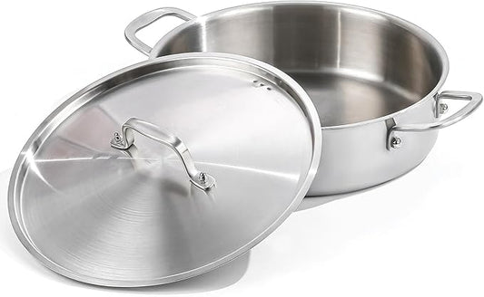 DELARLO 8QT Saute Pan Jumbo Cooker Tri-Ply Stainless Steel Pan, 13Inch Deep Frying Pan with Steel cover, Kitchen Large Skillet,Heavy Duty Style Compatible With All Cooktops Up to 650℉