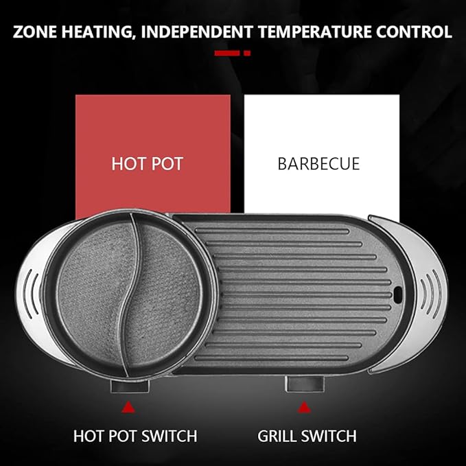 Hot Pot with Grill,Portable Electric 2 in 1 Hot Pot Barbecue Grill with Dual Temperature Control,Smokeless Grill BBQ, Non-Stick Pan Soup