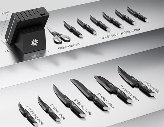 Knife Set - 15 PCS Kitchen Knife Set with Built-in Knife Sharpener Block - Stainless Steel Knife Block Set - Dishwasher Safe, Elegant Box for Men Women, White