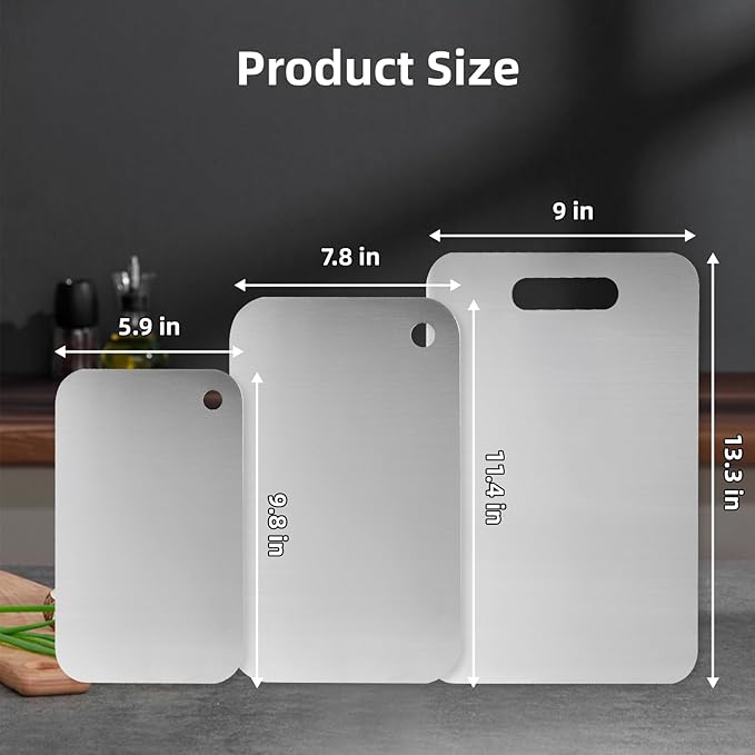 Stainless steel chopping board, food-grade 304 kitchen cutting board, double-sided use, available in three sizes, odorless, easy to clean and non-toxic three-piece set