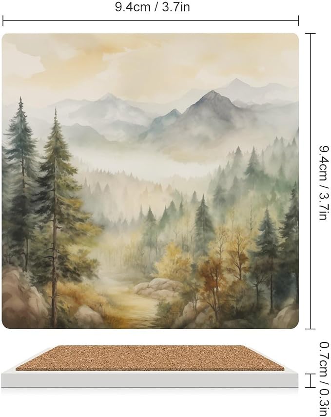 Forest Drink Coasters, Square Ceramic Drink Coaster Square-4PCS, Watercolor Mountain Forest Nature Tree Woodland Decor Absorbent Ceramic Coasters for Beverage Cup, Bar, Coffee Table