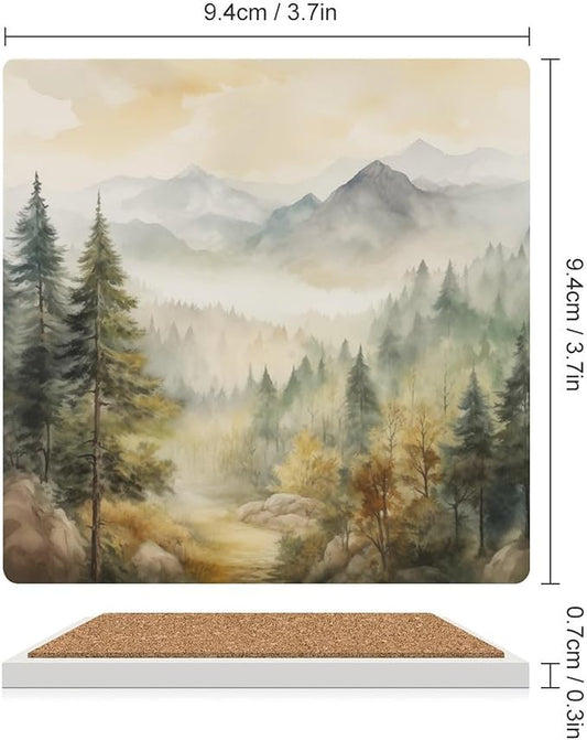 Forest Drink Coasters, Square Ceramic Drink Coaster Square-4PCS, Watercolor Mountain Forest Nature Tree Woodland Decor Absorbent Ceramic Coasters for Beverage Cup, Bar, Coffee Table