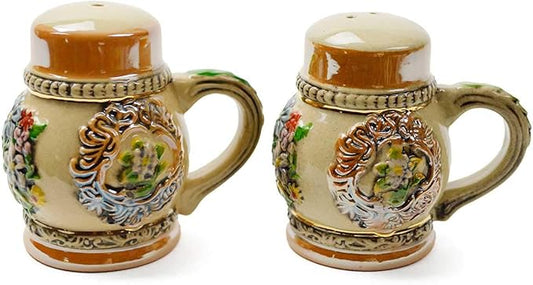 Alpine Flowers Engraved Beer Stein German Kitchen Ceramic Salt and Pepper Shakers Set by E.H.G