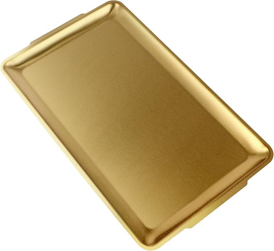 Large Stainless Steel Serving Platter, 15.7" Rectangle Camping Plate, Vanity Organizer Tray for BBQ, Party, Buffet, Appetizer, Bathroom Supplies (Brushed Gold)