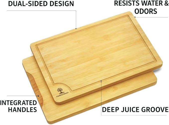 Forestroot Bamboo Cutting Board Set – 3-Piece Wooden Kitchen Boards for Meal Prep & Serving – Durable Bamboo with Deep Juice Groove & Side Handles – Great for Meat, Vegetables & Charcuterie