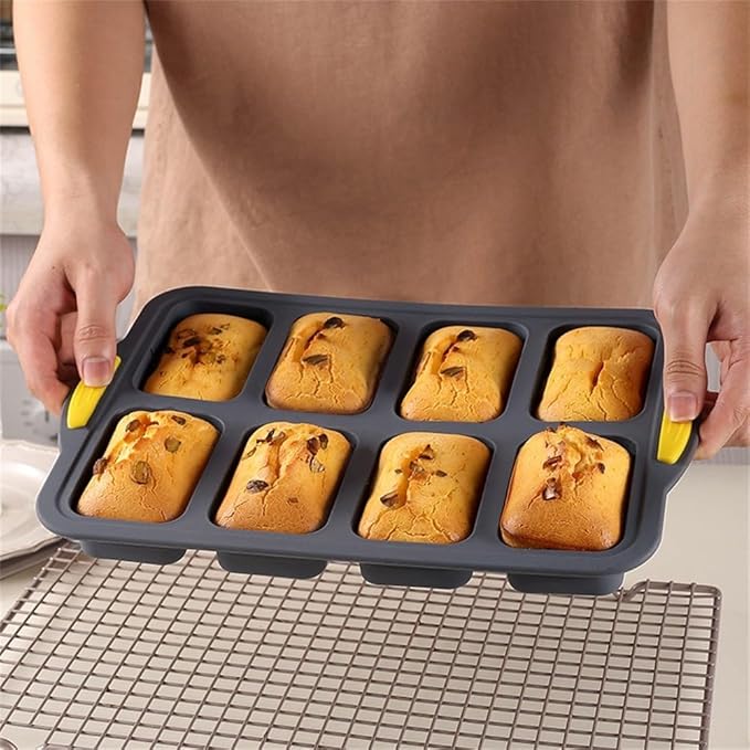 Stainless Steel Frame Silicone Loaf Pan with 8 Cavities, Non-Stick Baking Tray for Bread, Brownies, Muffins and Cheesecake