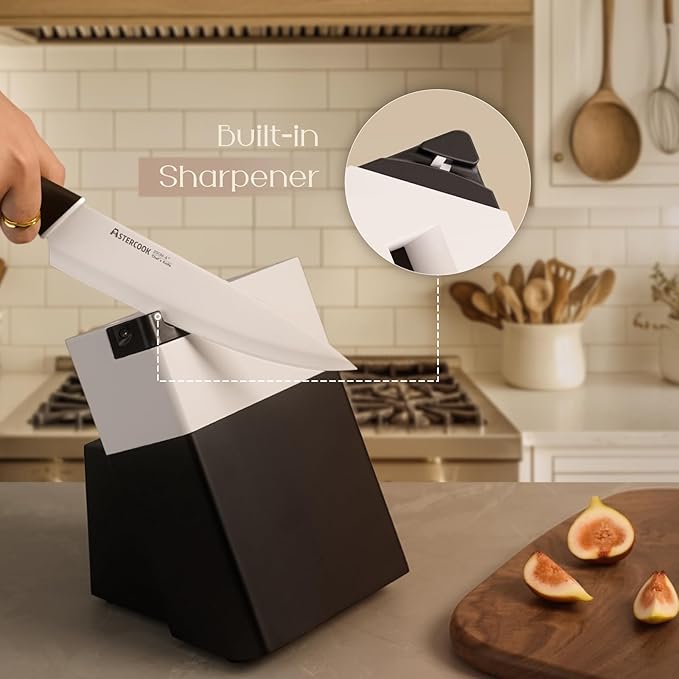 Astercook Knife Set, Kitchen Knives with Block and Sharpener Ceramic Coating 15 Pcs German Stainless Steel Knives Sharp Blade Dishwasher Safe Deba Knives with Ergonomic Handle, Elegant Black